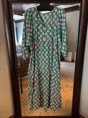 Green Maxi Dress with Pink Rose Print - Feminine V-Neck